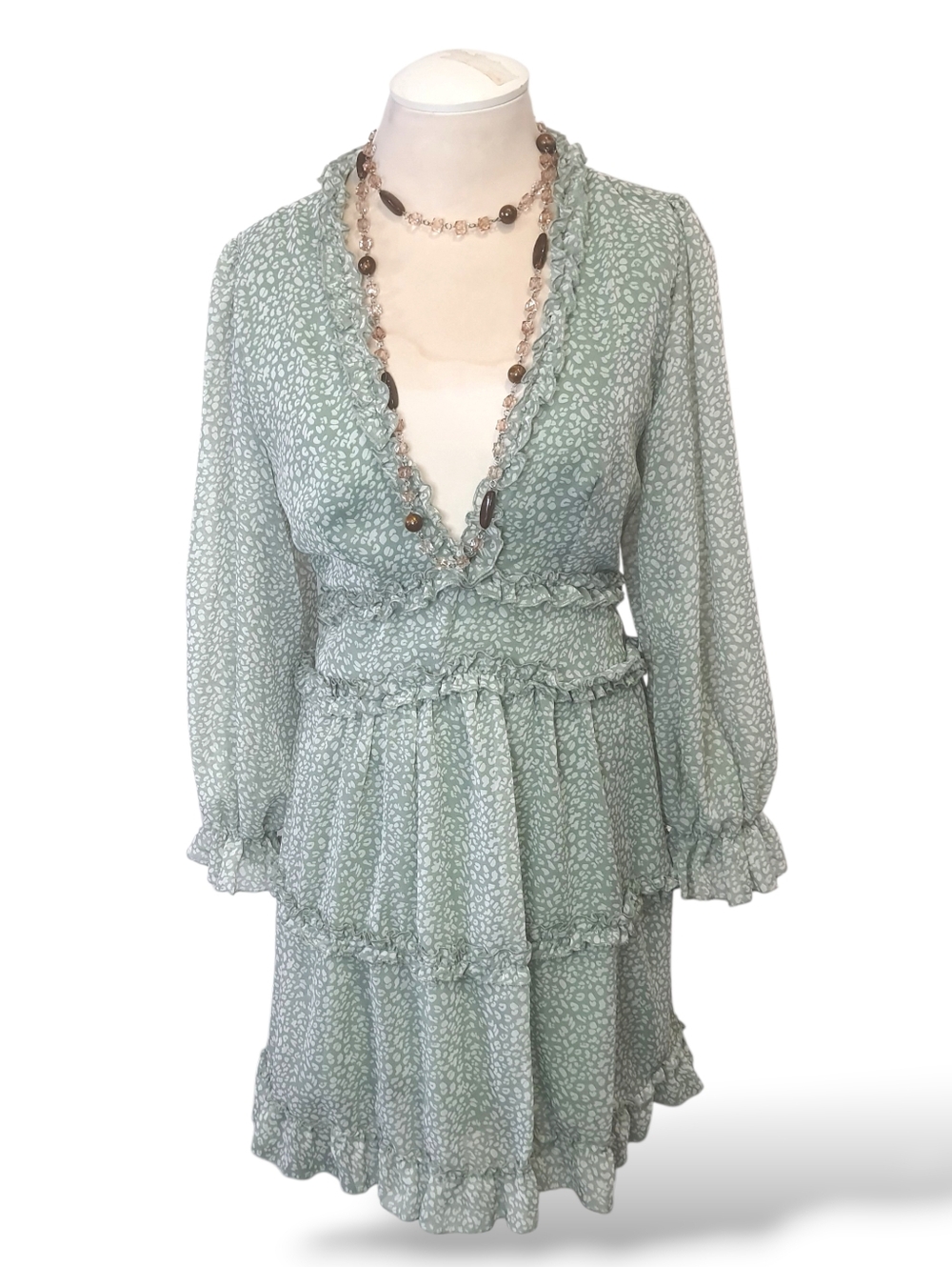 Sage Green Open-Back Ruffle Tiered V-Neck Dress